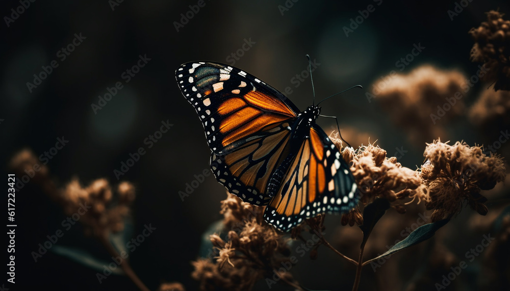 Vibrant monarch butterfly wing showcases natural beauty in multi colored pattern generated by AI