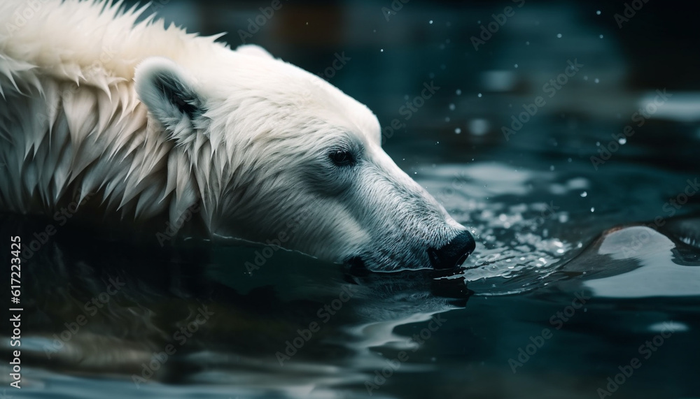 Arctic mammal reflection in tranquil pond, beauty in nature generated by AI