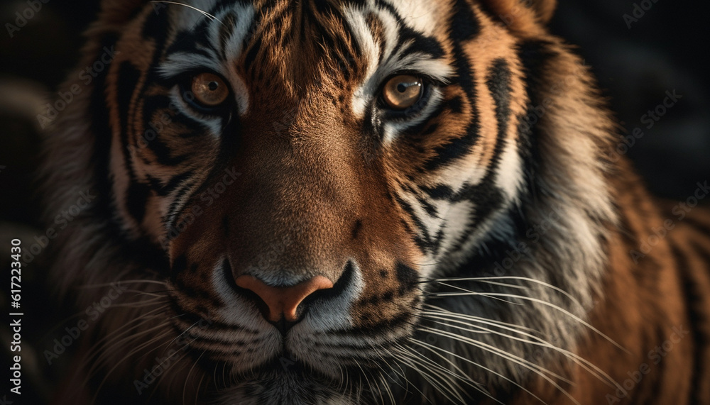 Close up portrait of majestic Bengal tiger staring with aggression generated by AI