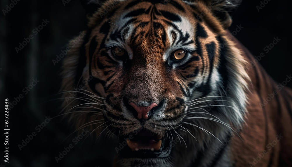 Close up portrait of majestic Bengal tiger staring fiercely outdoors generated by AI