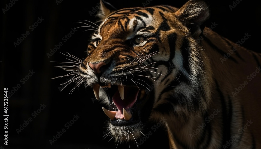 Majestic Bengal tiger staring fiercely with striped fur and aggression generated by AI