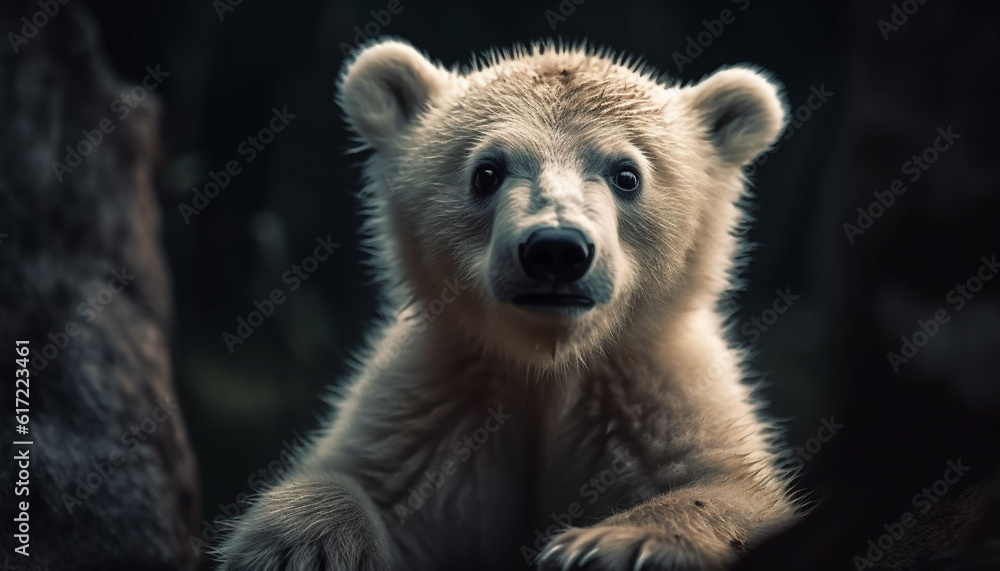 Fluffy panda sitting in nature, looking at camera with nose generated by AI