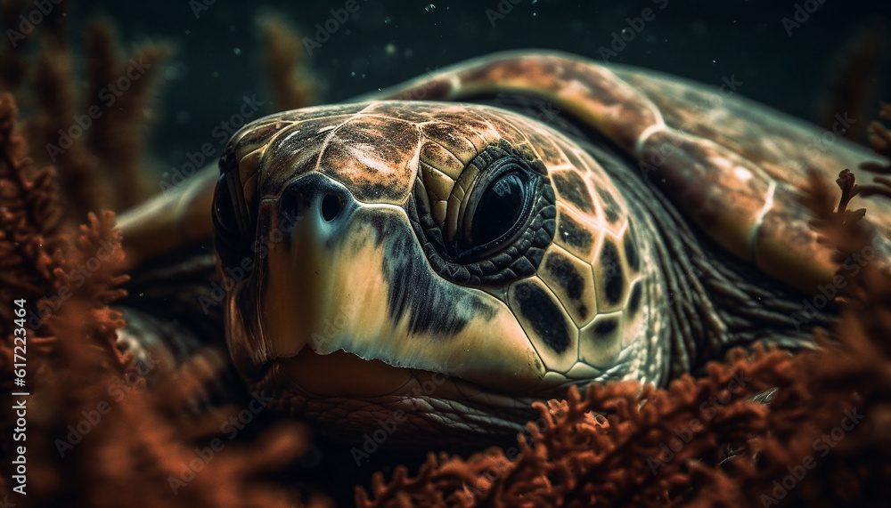 Slow swimming sea turtle in natural reef, surrounded by sea life generated by AI