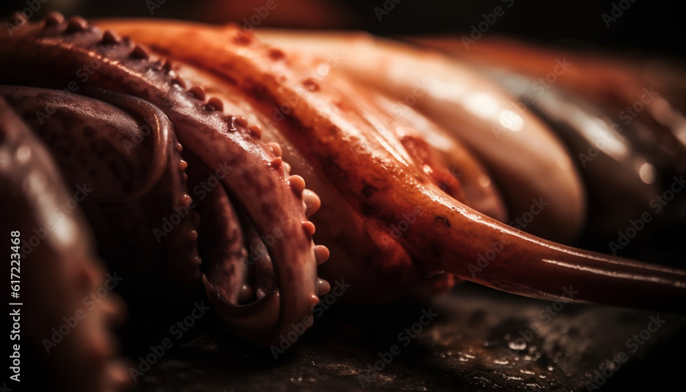 Grilled seafood and meat on wood plate, ready to eat appetizer generated by AI