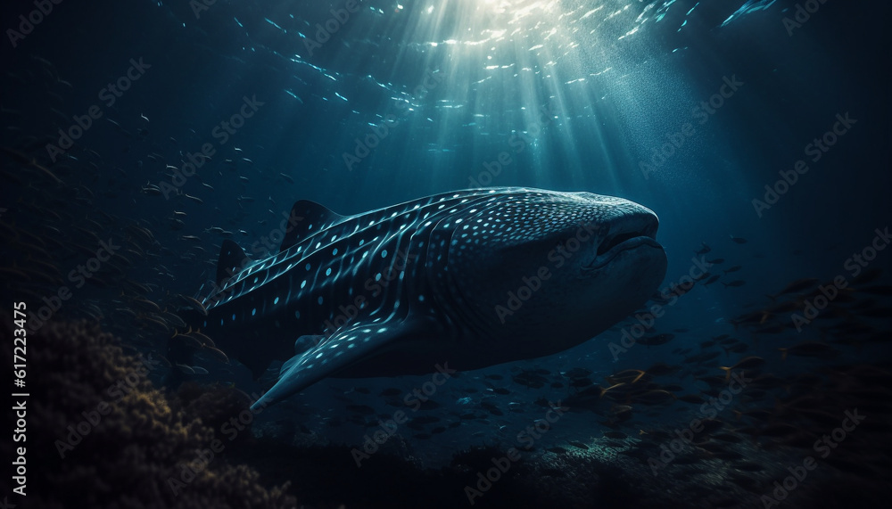 Deep blue sea life adventure swimming with endangered whale shark generated by AI