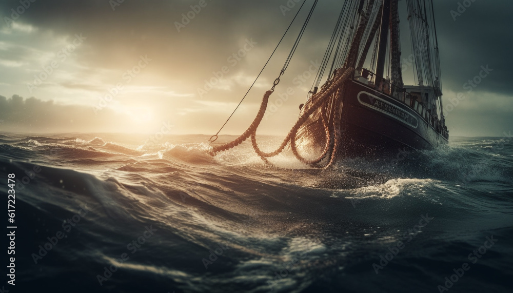 Sailing ship on blue water, sunset, mast, rope, adventure generated by AI