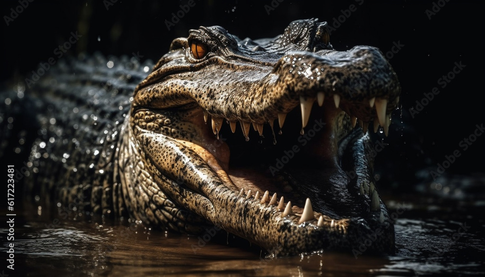 Crocodile teeth show aggression in the wet tropical climate generated by AI