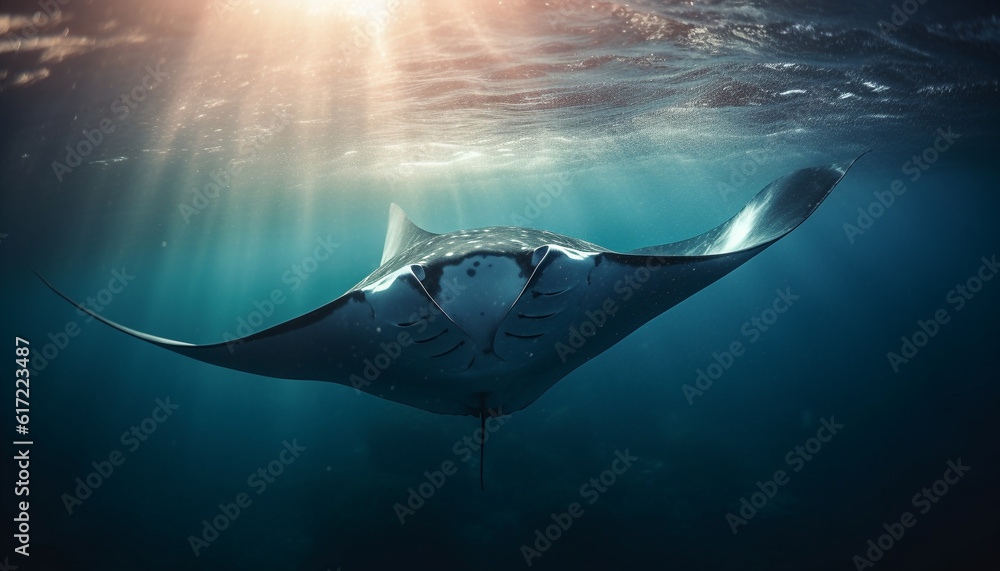 Majestic manta ray swimming below, a natural beauty in motion generated by AI