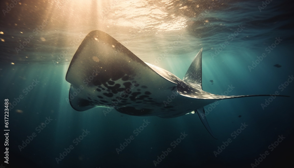 Majestic underwater landscape, giant manta ray swimming in tropical reef generated by AI