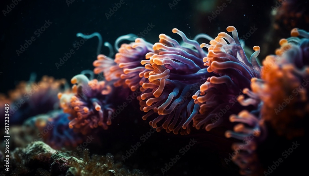 Colorful underwater world natural beauty, cnidarians, saltwater fish, and coral generated by AI