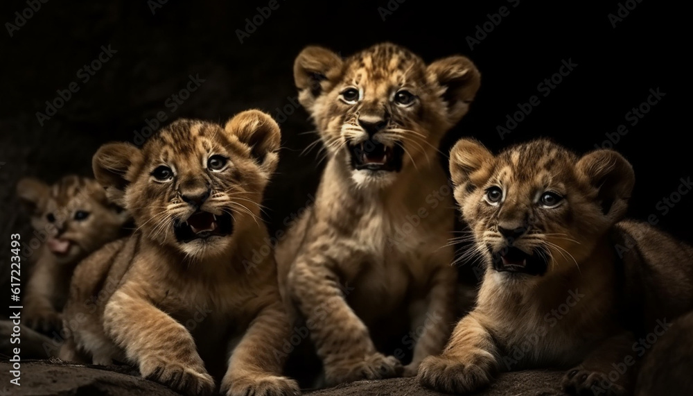 Three playful feline cubs staring, teeth bared, in nature studio generated by AI