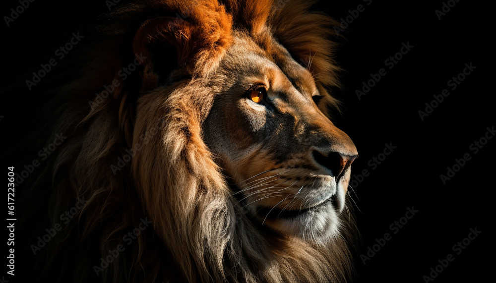 Majestic lion staring with aggression, strength and alertness in nature generated by AI