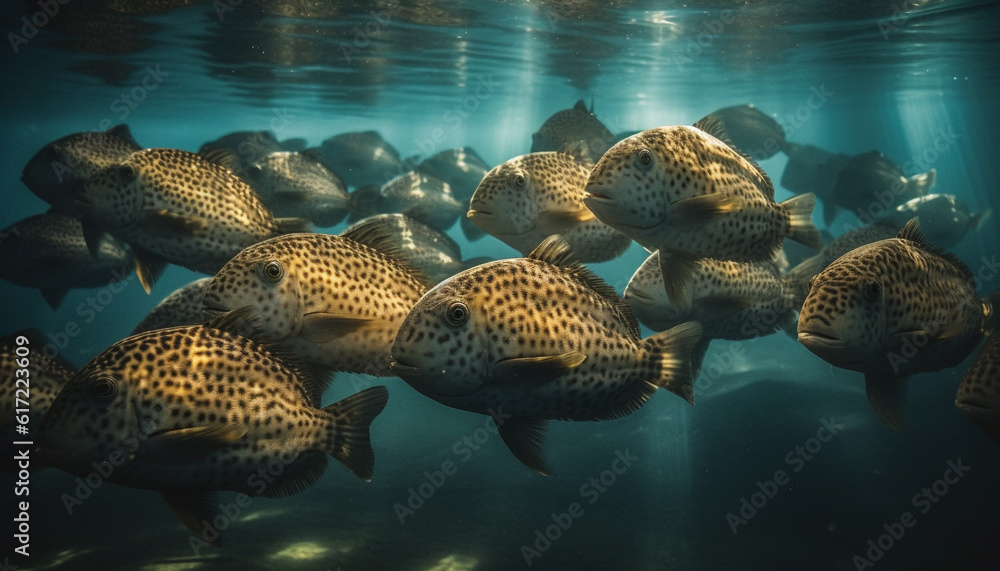 School of multi colored fish swim in tranquil underwater landscape generated by AI