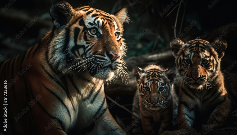 Bengal tiger staring, front view, selective focus, majestic beauty in nature generated by AI