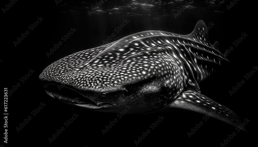 Spotted fish swimming in deep saltwater reef, black and white generated by AI