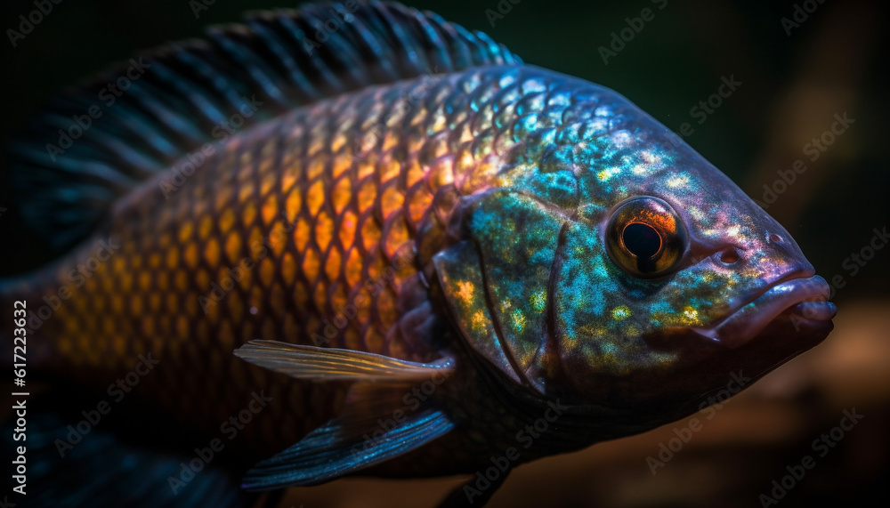 Multi colored reef fish swim in tropical blue saltwater sea generated by AI