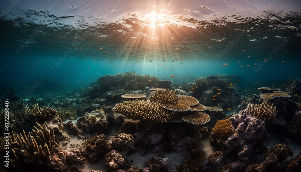 Colorful sea life thrives in the tropical underwater reef landscape generated by AI