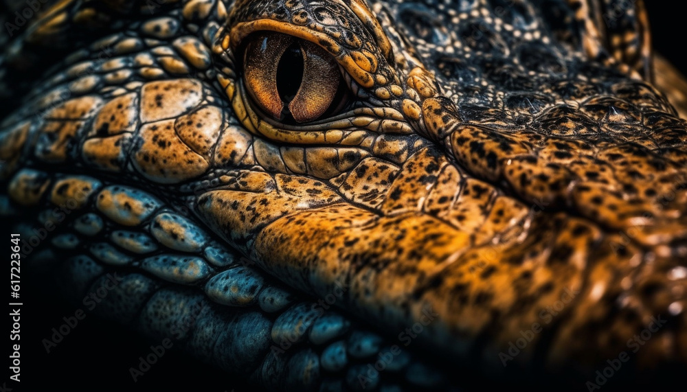 Spotted reptile skin, close up of crocodile head and teeth generated by AI