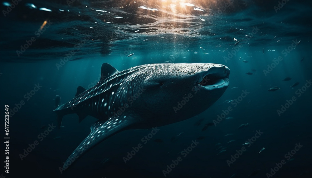 Majestic dolphin diving into deep blue underwater reef, endangered species generated by AI