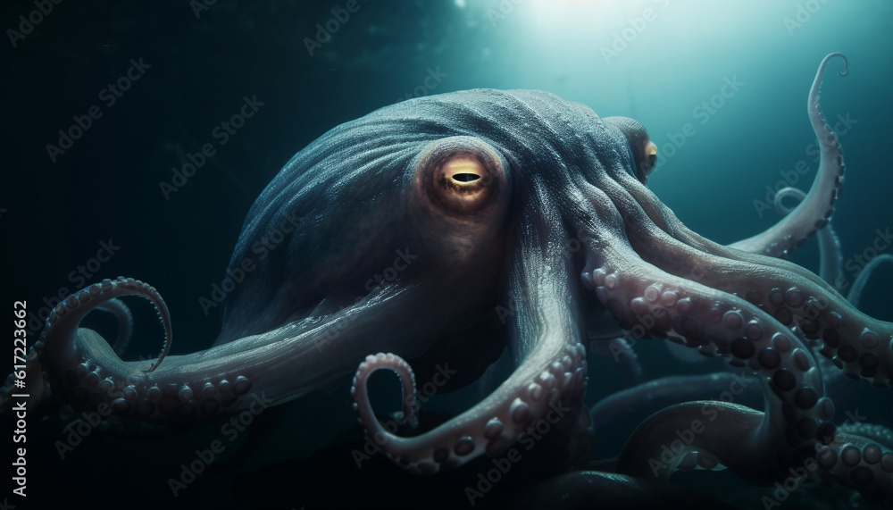 Blue underwater portrait of a large octopus in natural environment generated by AI