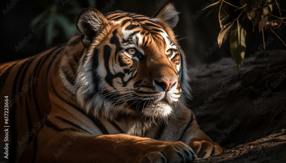 Majestic Bengal tiger staring at camera in tropical rainforest generated by AI