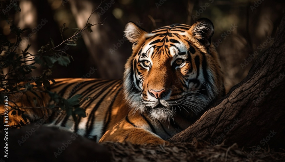 Majestic Bengal tiger hiding in grass, staring with aggression generated by AI