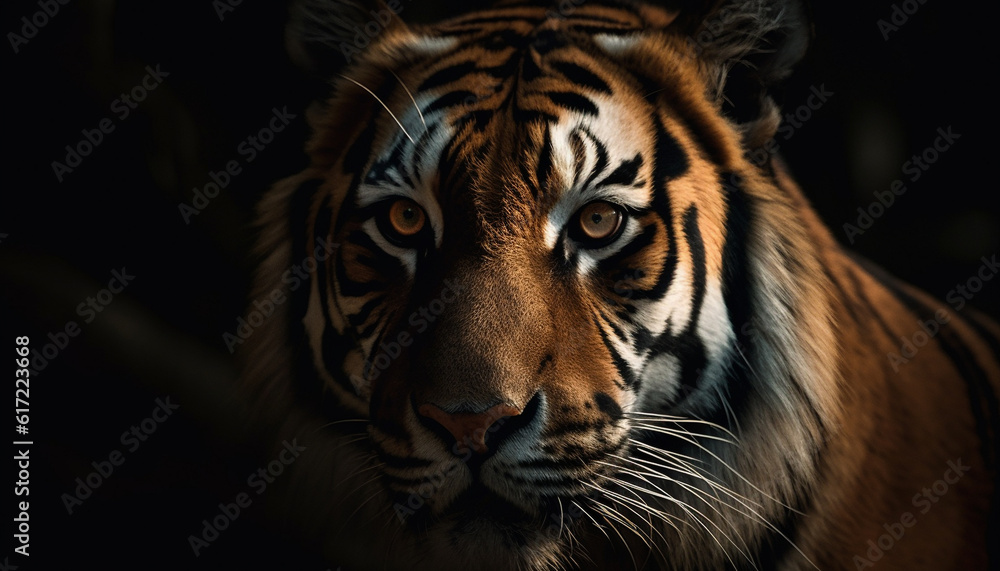 Majestic Bengal tiger staring with aggression, beauty in nature portrait generated by AI