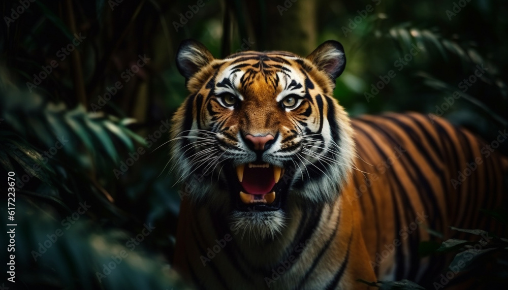 Bengal tiger staring fiercely, its striped fur a majestic pattern generated by AI