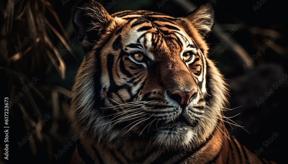 Majestic Bengal tiger, endangered big cat, staring with aggression generated by AI