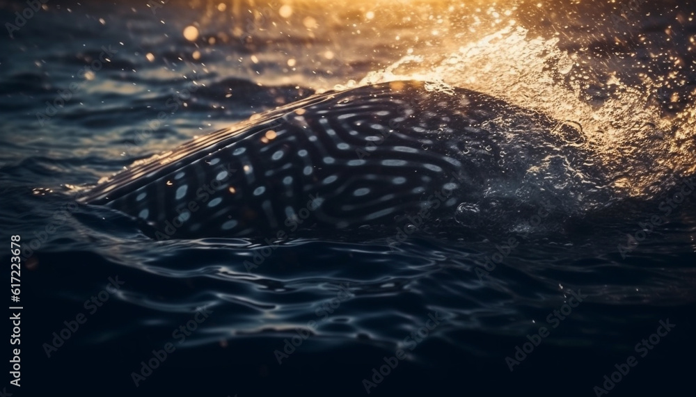 Sunset over tranquil seascape, fish swimming in rippled water generated by AI