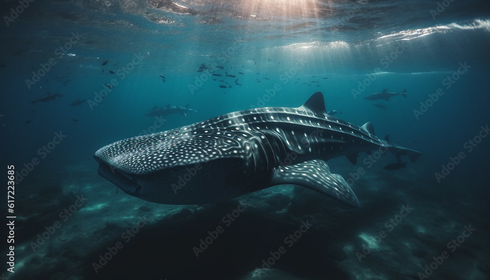 Majestic whale shark swims below tranquil red sea waters generated by AI