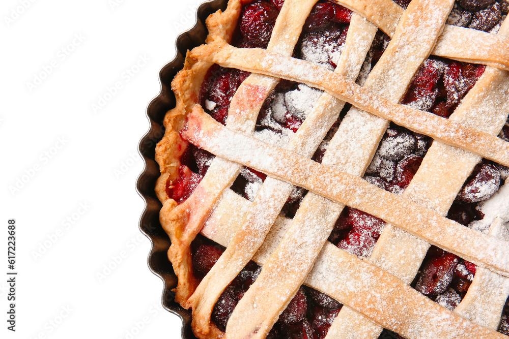 Baking dish with tasty cherry pie on white background