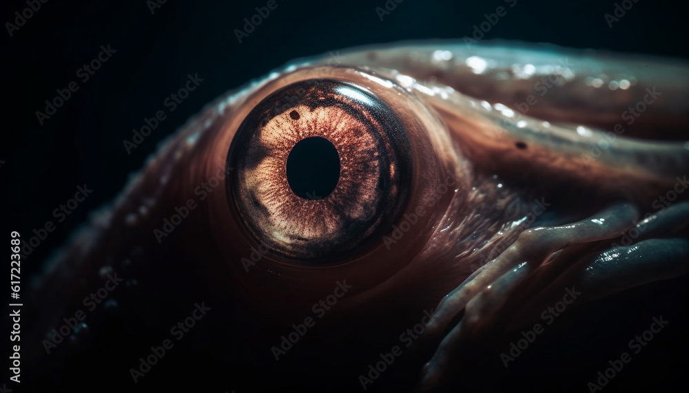 Close up of an octopus eye in the underwater reef generated by AI