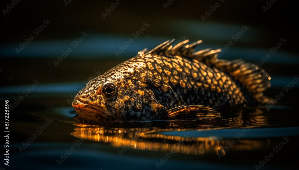 Spotted carp swims in tranquil pond, showcasing beauty in nature generated by AI