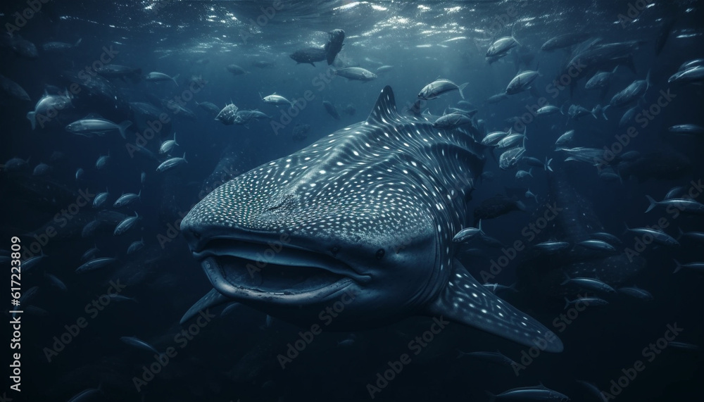 Deep blue sea life majestic whale shark swimming in coral reef generated by AI