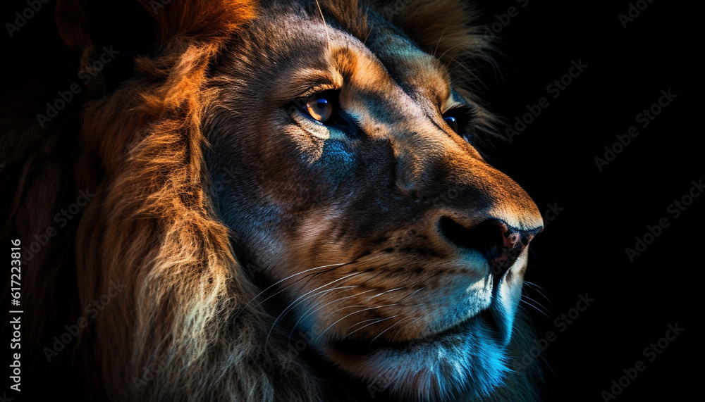 Majestic lion staring, close up portrait of undomesticated feline in Africa generated by AI