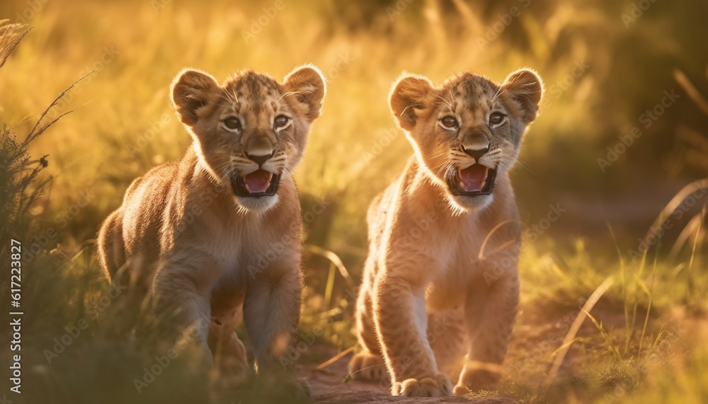 Lion family playing in the grass under the African sun generated by AI