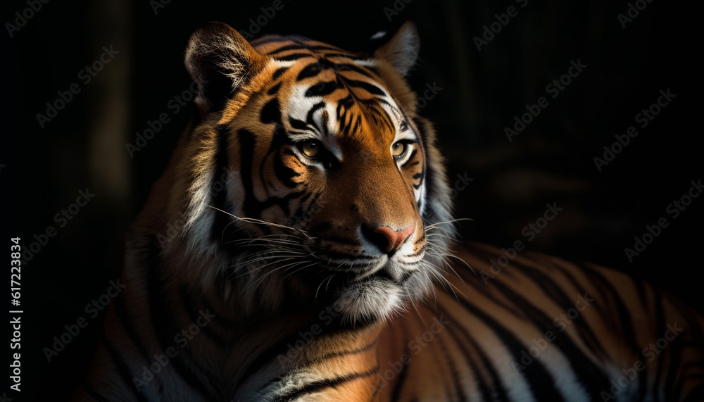 Majestic Bengal tiger staring with aggression in tropical rainforest generated by AI