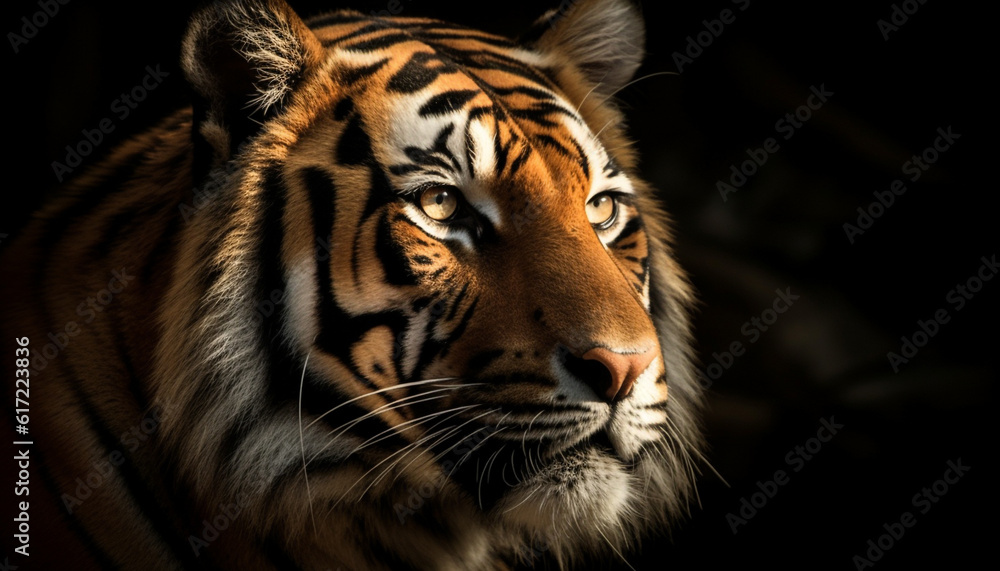 Bengal tiger staring with aggression, majestic beauty in nature tranquility generated by AI