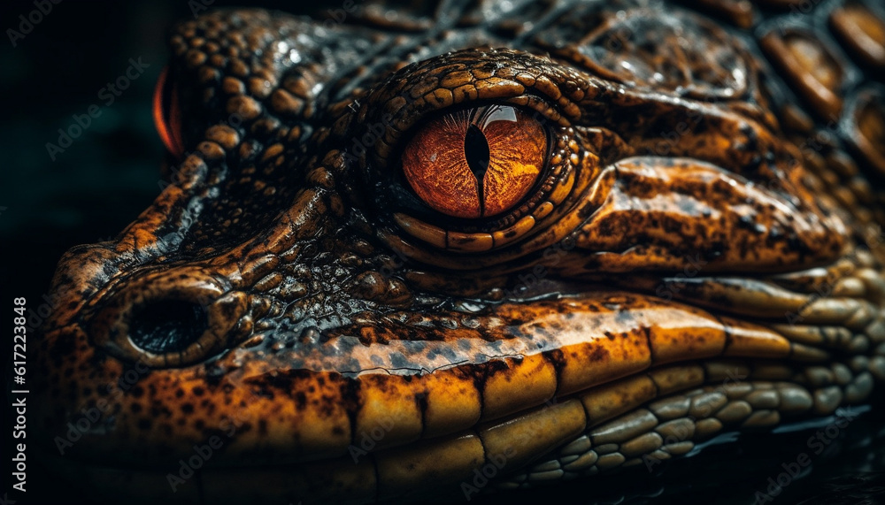 Animal head, reptile portrait, close up of crocodile eye generated by AI