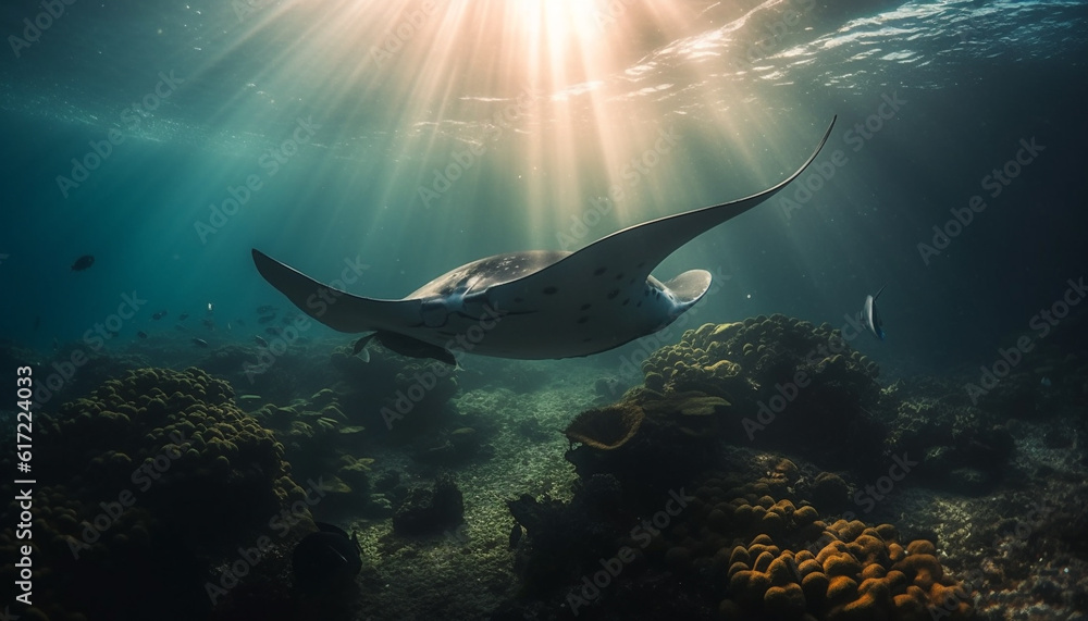 Majestic turtle swimming in tropical reef, surrounded by sea life generated by AI