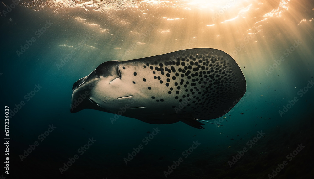 Majestic mammal swimming below blue sea, endangered dolphin adventure generated by AI