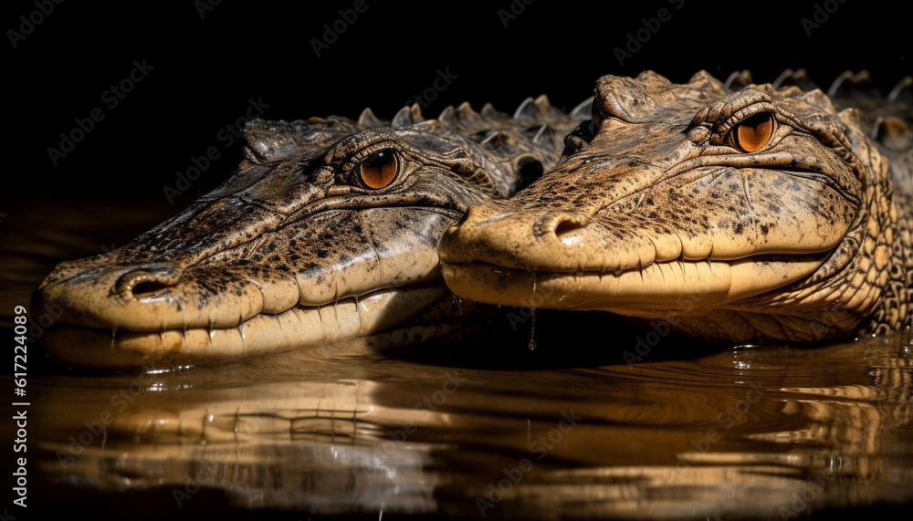 Animal teeth, reptile, danger, aggression crocodile close up, wet, nature generated by AI