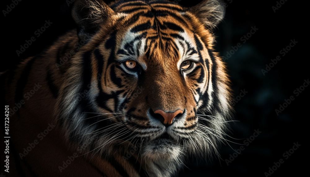 Majestic Bengal tiger staring with aggression in nature beauty generated by AI