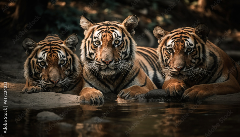 Bengal tiger staring at camera in tropical rainforest portrait generated by AI