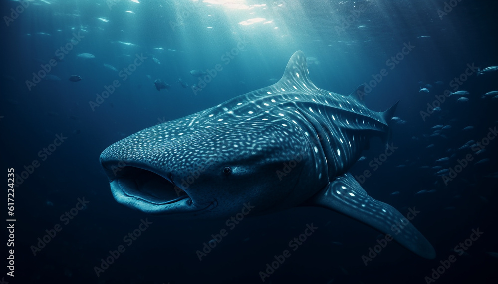 Majestic whale shark swimming in tropical reef with sea life generated by AI