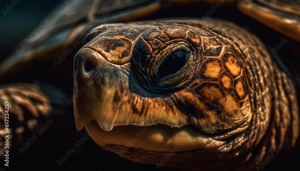 Slow turtle swims in tropical reef, looking old generated by AI