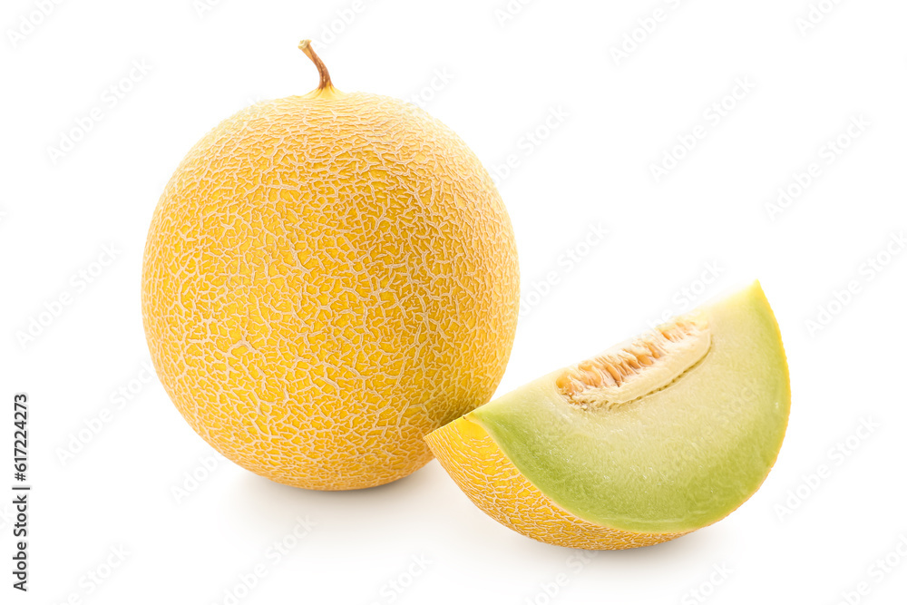 Sweet melon with piece on white background