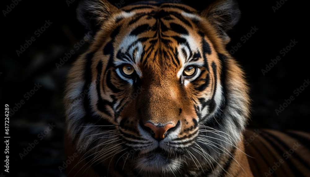 Close up portrait of majestic Bengal tiger staring fiercely outdoors generated by AI