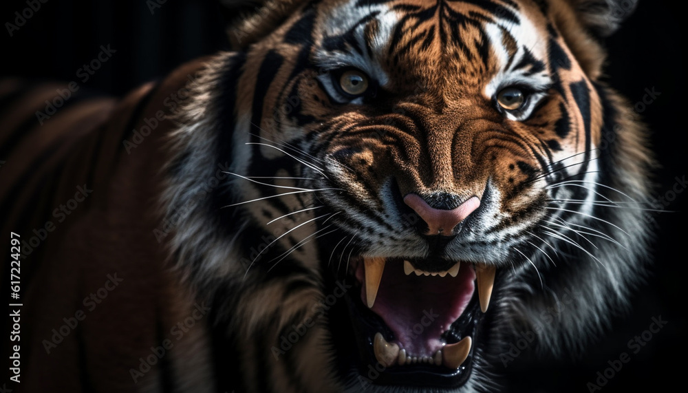 Aggressive Bengal tiger staring fiercely with sharp teeth in jungle generated by AI